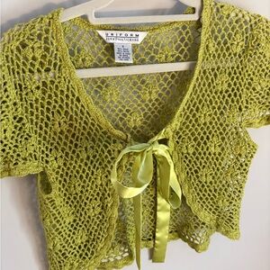 Green Open-Knit Cardigan with Ribbon Closure